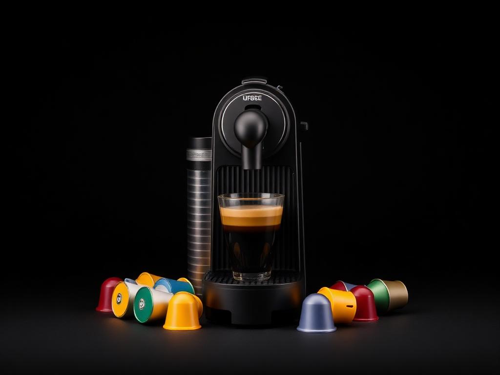 Máquina Nespresso preta com cápsulas coloridas